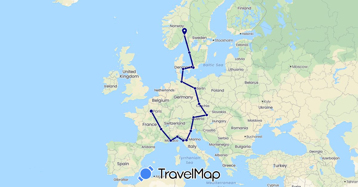 TravelMap itinerary: driving in Austria, Czech Republic, Germany, Denmark, France, Italy, Norway, Sweden (Europe)